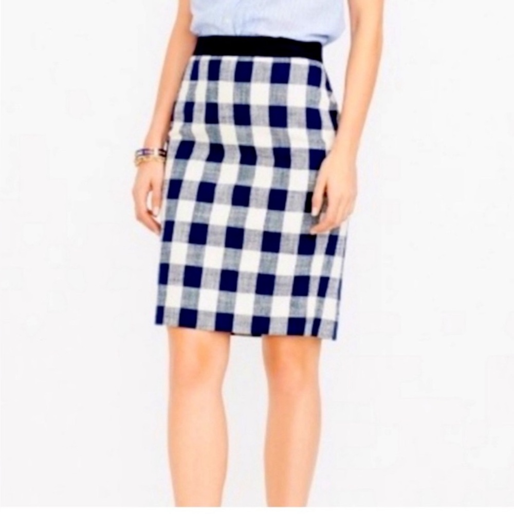 J Crew Factory Navy & Cream Gingham Check Pencil Skirt